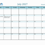 July 2027 Monthly Calendar With United States Holidays