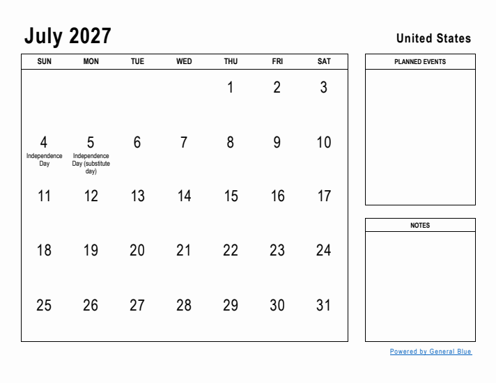 July 2027 Monthly Calendar With United States Holidays