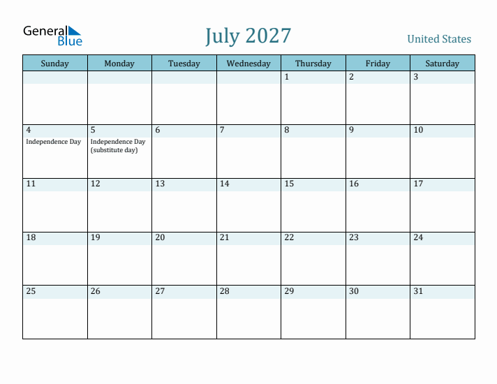 July 2027 Monthly Calendar With United States Holidays
