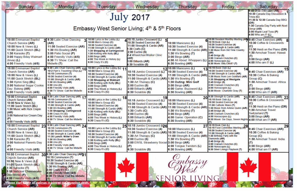 July Activities Calendars Embassy West Senior Living