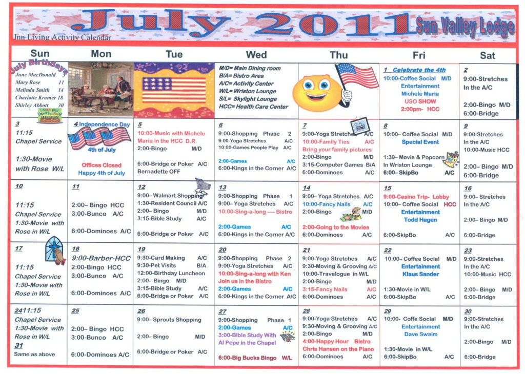 July Activity Calendar For Assisted Living Anne Minetta