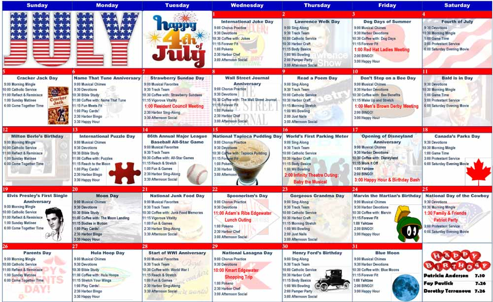 July Activity Calendar For Assisted Living Anne Minetta