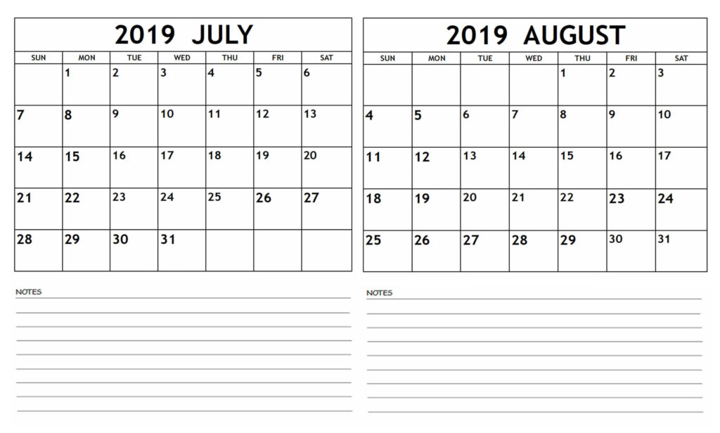 July And August Printable Calendar
