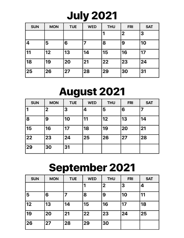 July August And September 2021 Calendar Calendar Options