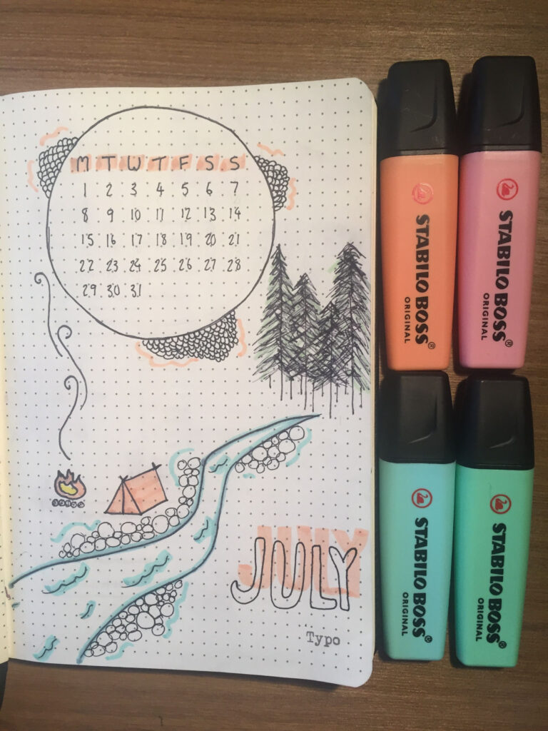 July Bullet Journal Calendar Printable Word Searches