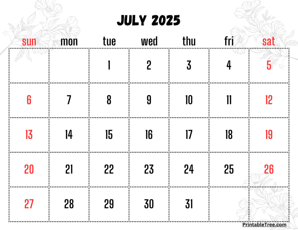July Calendar 2025 With Holidays Conclusive Consequent Certain 