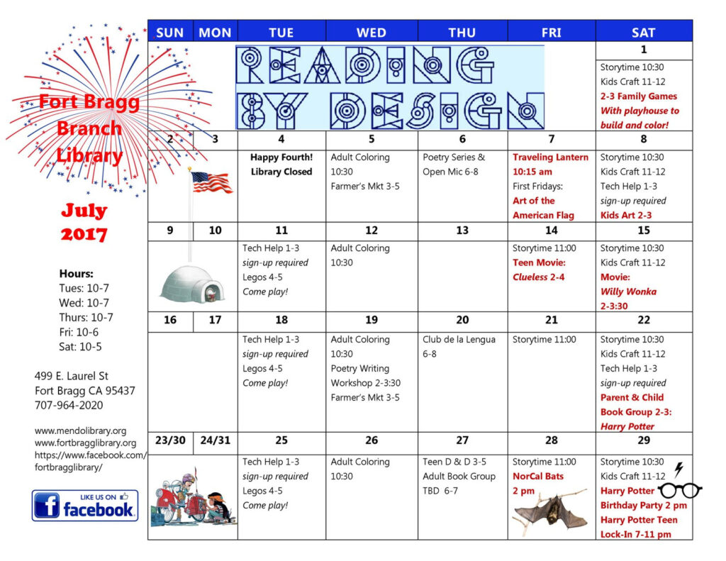 July Calendar Of Events Fort Bragg Library