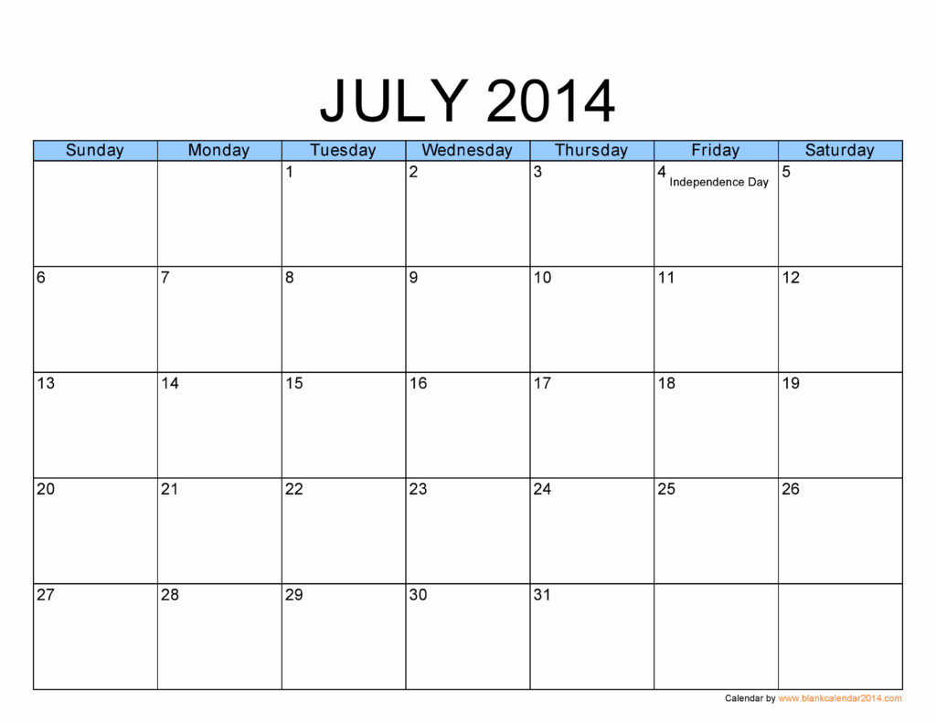 July Monthly Calendar Printable