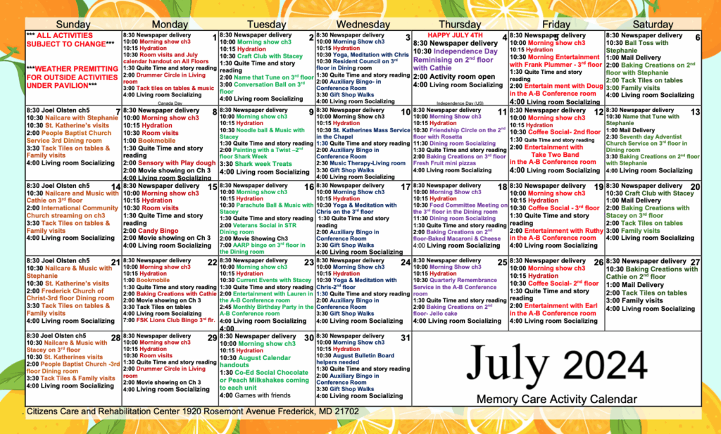 July Nursing Home Activity Calendar 2024 Printable Calendar 2024