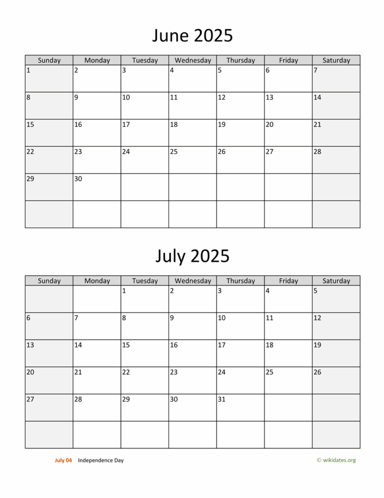 June And July 2025 Calendar With Holidays 2025 Tayla Le Rennetel