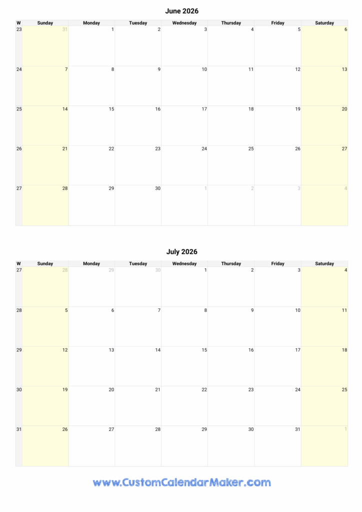 June And July 2026 Calendar Custom Calendar Maker