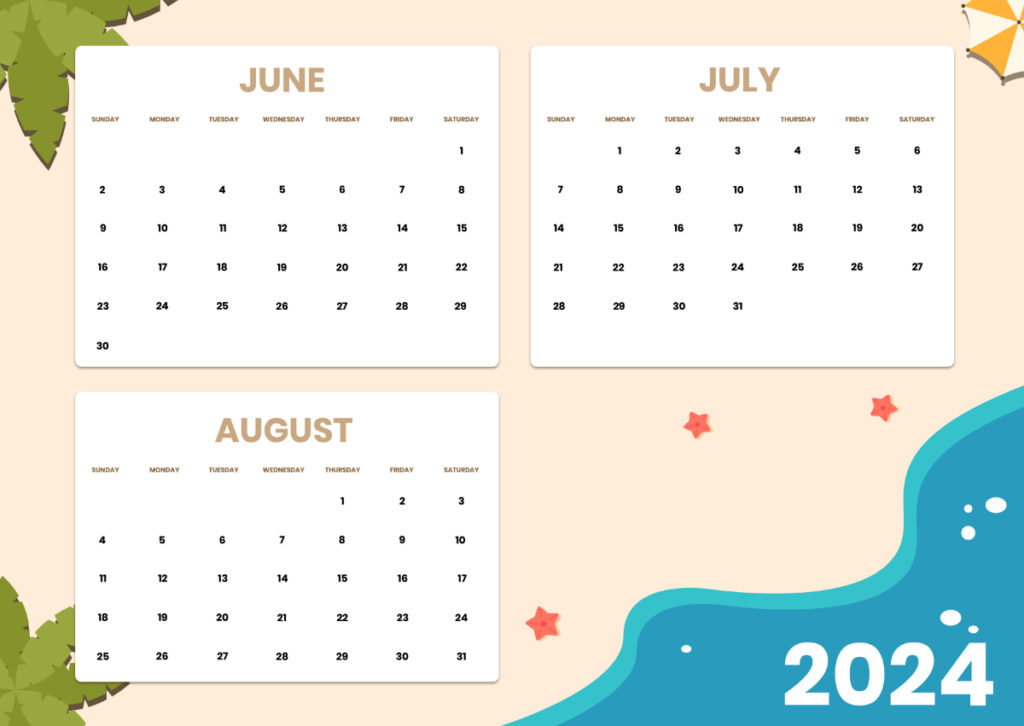 June July August 2024 Calendar Printable Pdf Fania Jeanine