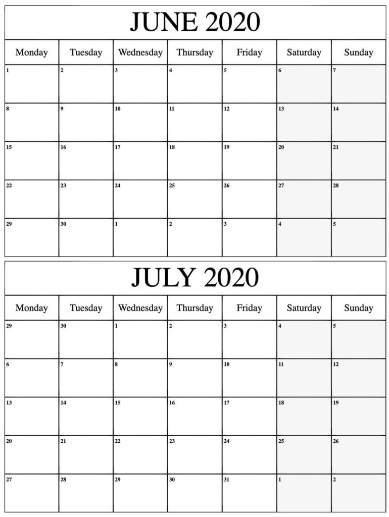 June July Calendar Printable