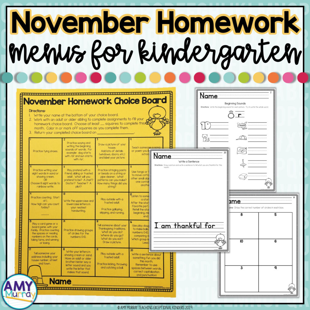 Kindergarten Homework Menu November Teaching Exceptional Kinders
