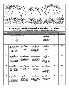 Kindergarten October Homework Calendar By Sportie Teacher TPT