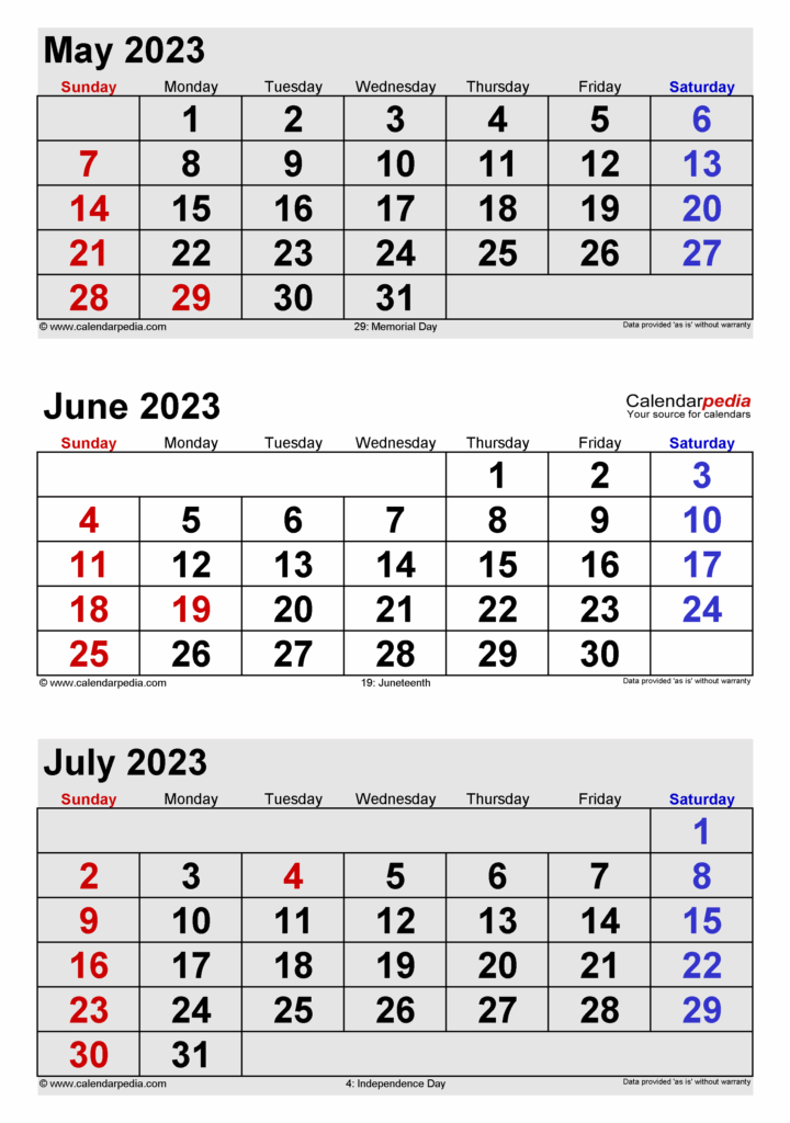 May June July 2023 Calendar Free Printable PELAJARAN
