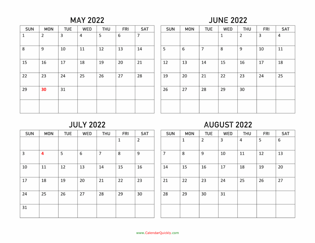 May To August 2022 Calendar Calendar Quickly