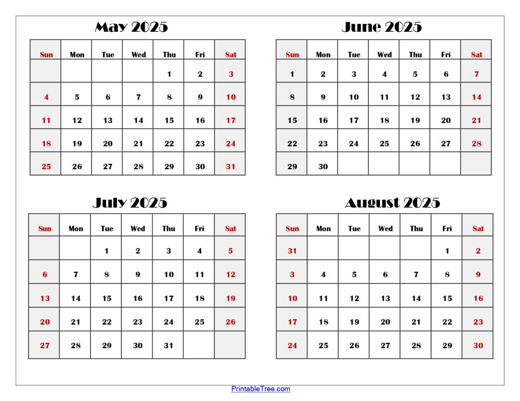 May To August 2025 Calendar Printable PDF Four Months Calendar