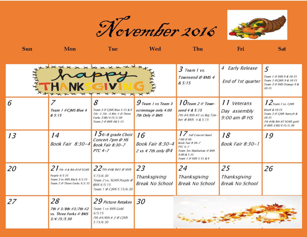 Middle School November Monthly Activity Calendar