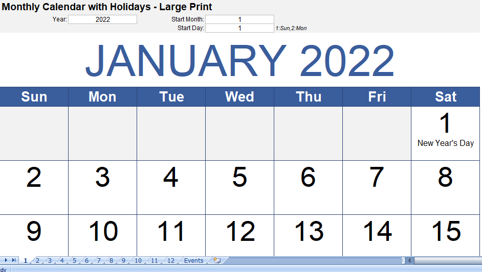 Monthly Calendar Large Print Excel Template For Free
