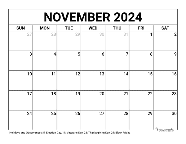Monthly Calendar November 2024 Printable Katya Melamie