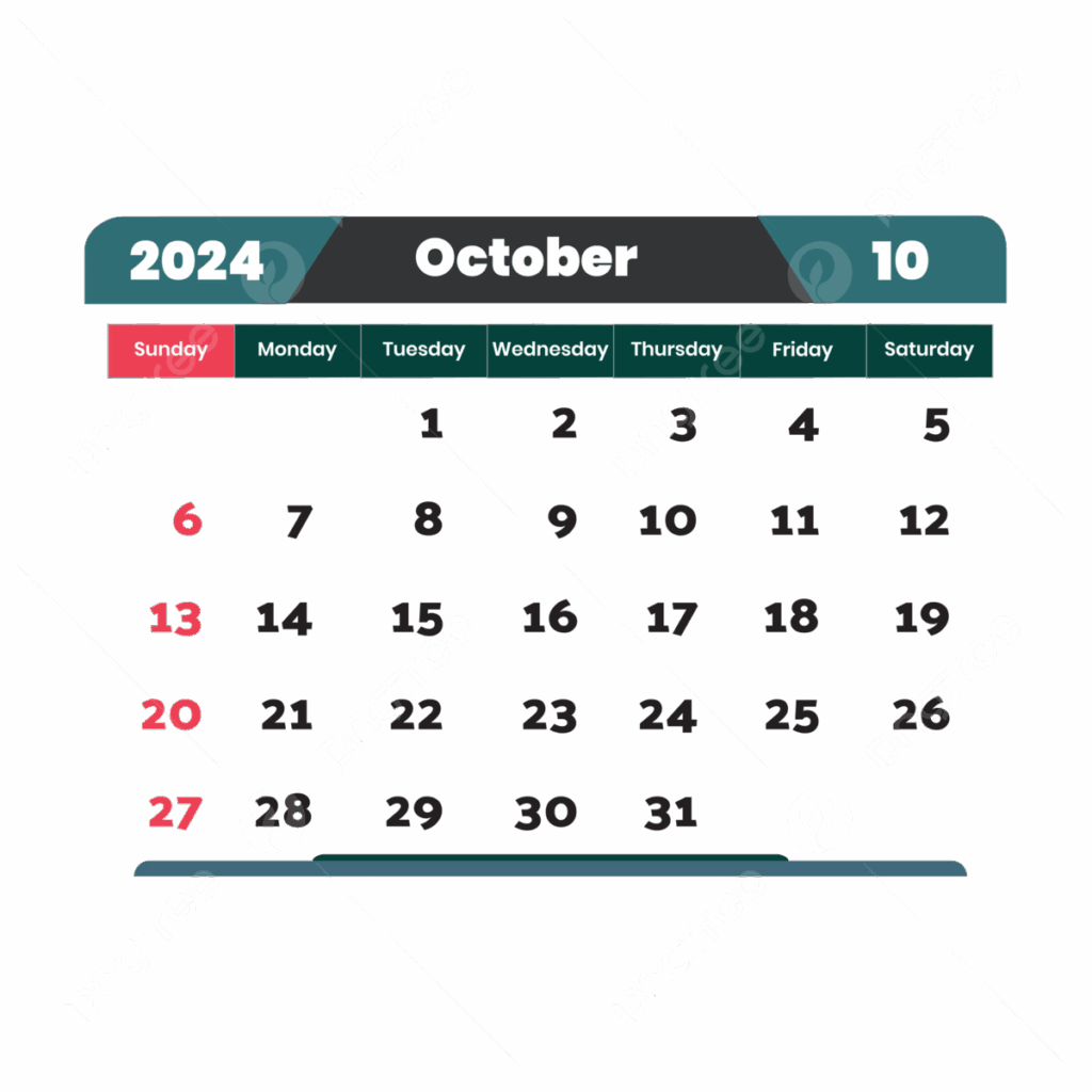 Monthly Calendar October 2024 With Transparent Vector October October 