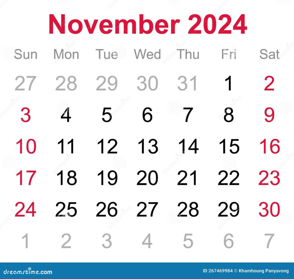 Monthly Calendar Of November 2024 On Transparent Background Stock Photo 