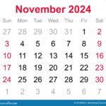 Monthly Calendar Of November 2024 On Transparent Background Stock Photo