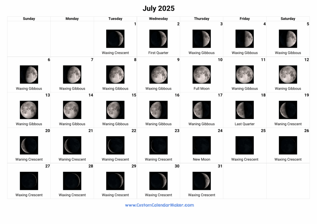 Moon Phase Calendar For July 2025 Milla N Wayn