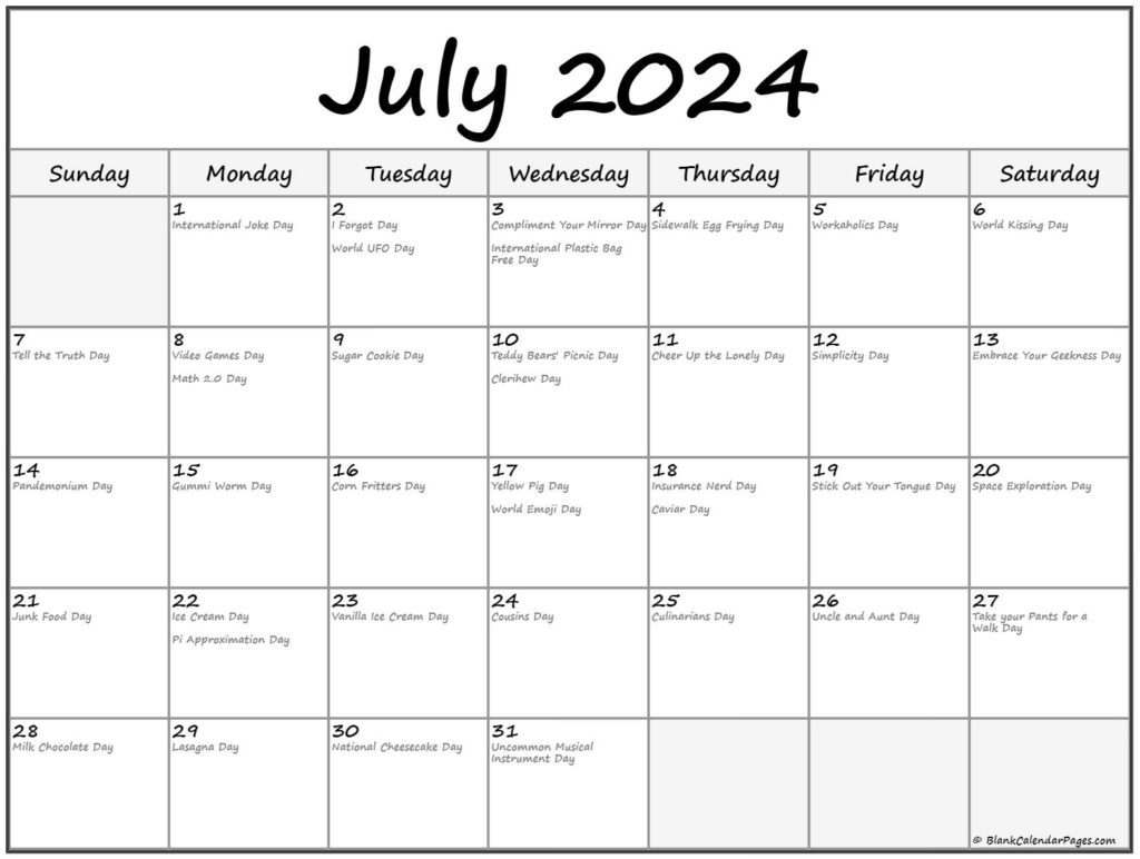 National Calendar July 2024 Calendar 2024 Printable Calendar 2025