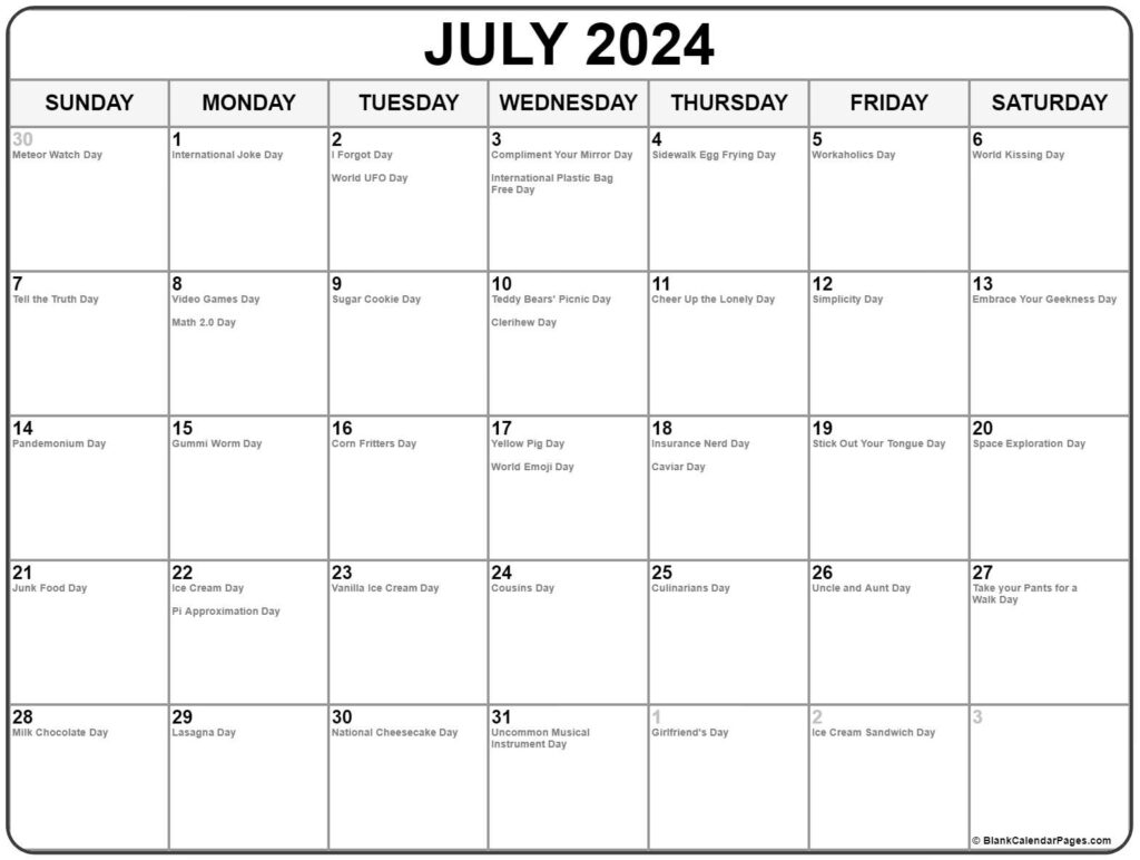 National Calendar July 2024 Calendar 2024 Printable Calendar 2025