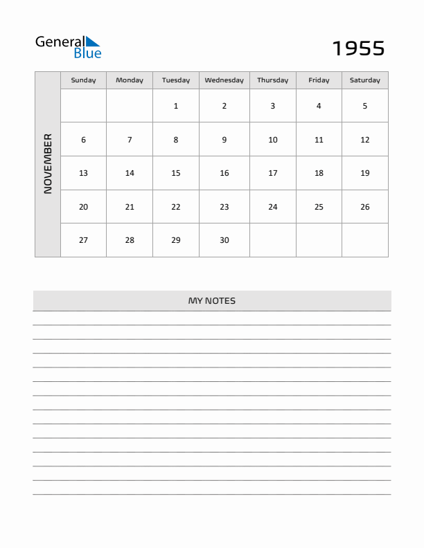 November 1955 Monthly Calendar PDF Word Excel 