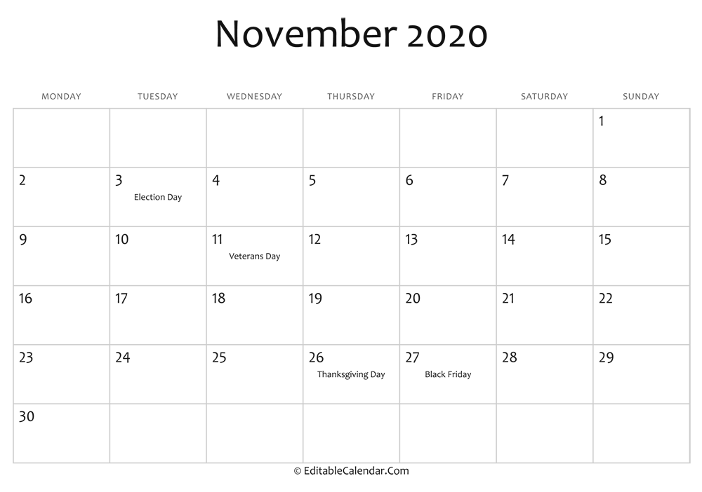 November 2020 Printable Calendar With Holidays