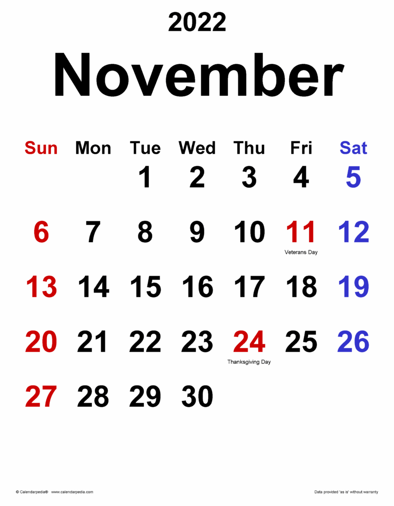 November 2022 Calendar Templates For PDF Excel And Word