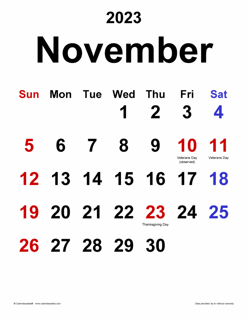 November 2023 Calendar Templates For PDF Excel And Word