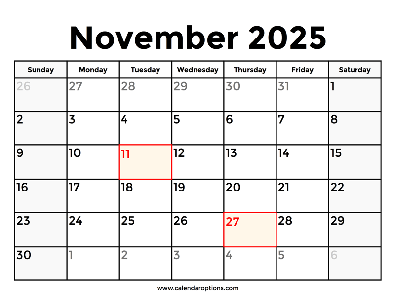 November 2025 Calendar With Holidays Calendar Options