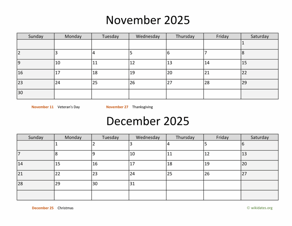 November 2025 December 2025 January 2025 Calendar Printable Free 