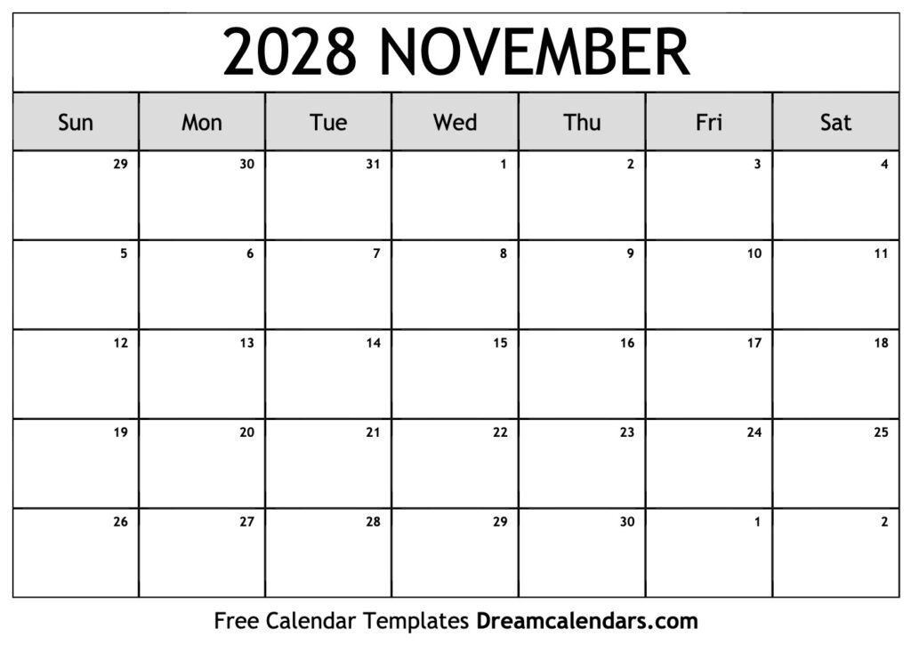 November 2028 Calendar Free Printable With Holidays And Observances