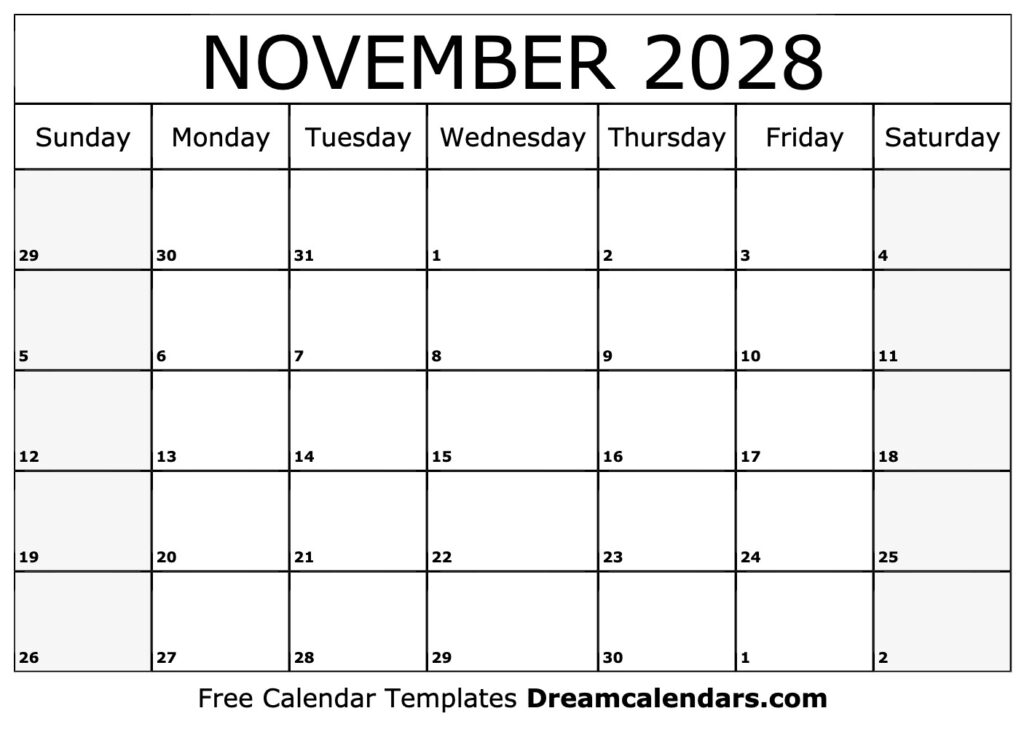 November 2028 Calendar Free Printable With Holidays And Observances