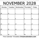 November 2028 Calendar Free Printable With Holidays And Observances