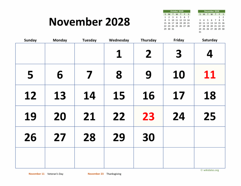 November 2028 Calendar With Extra large Dates WikiDates