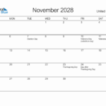 November 2028 Monthly Calendar With United States Holidays