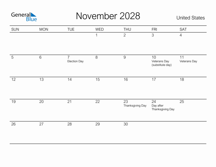 November 2028 Monthly Calendar With United States Holidays