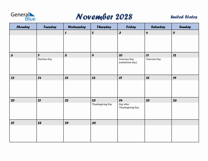 November 2028 United States Monthly Calendar With Holidays