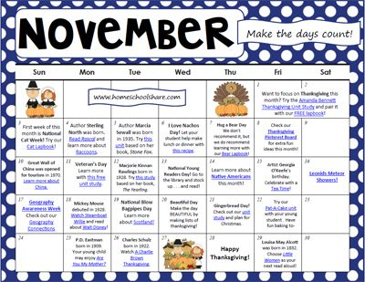 November Activity Calendar For Homeschool Calendar Homeschool 