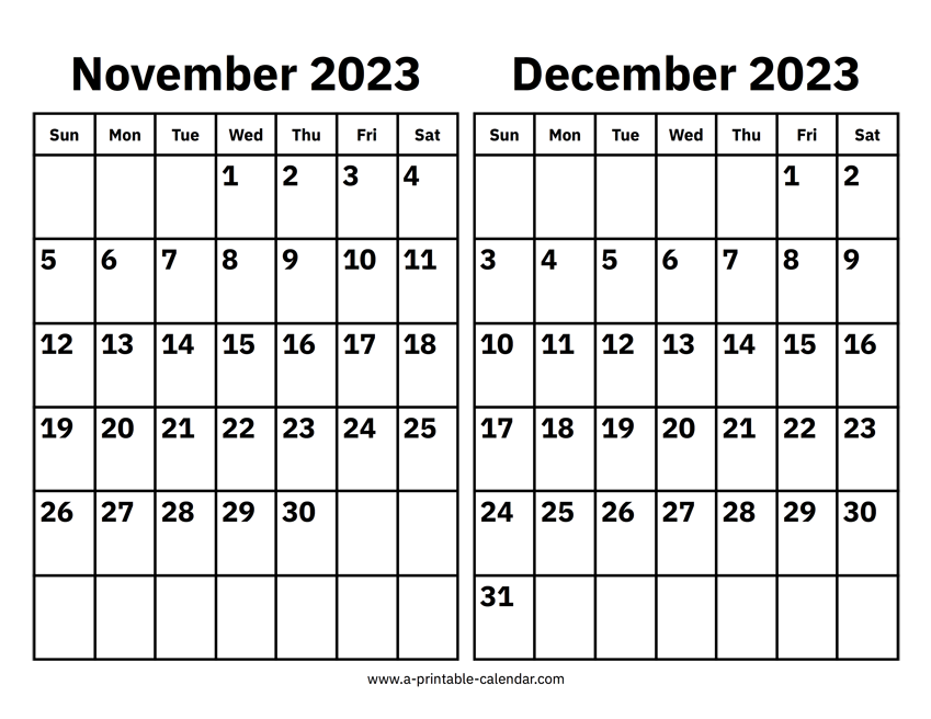November And December 2023 Calendar A Printable Calendar