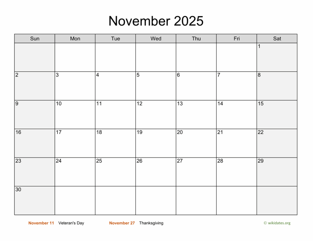 November Calendar 2025 Printable Free Excel Sheet Javier Logan