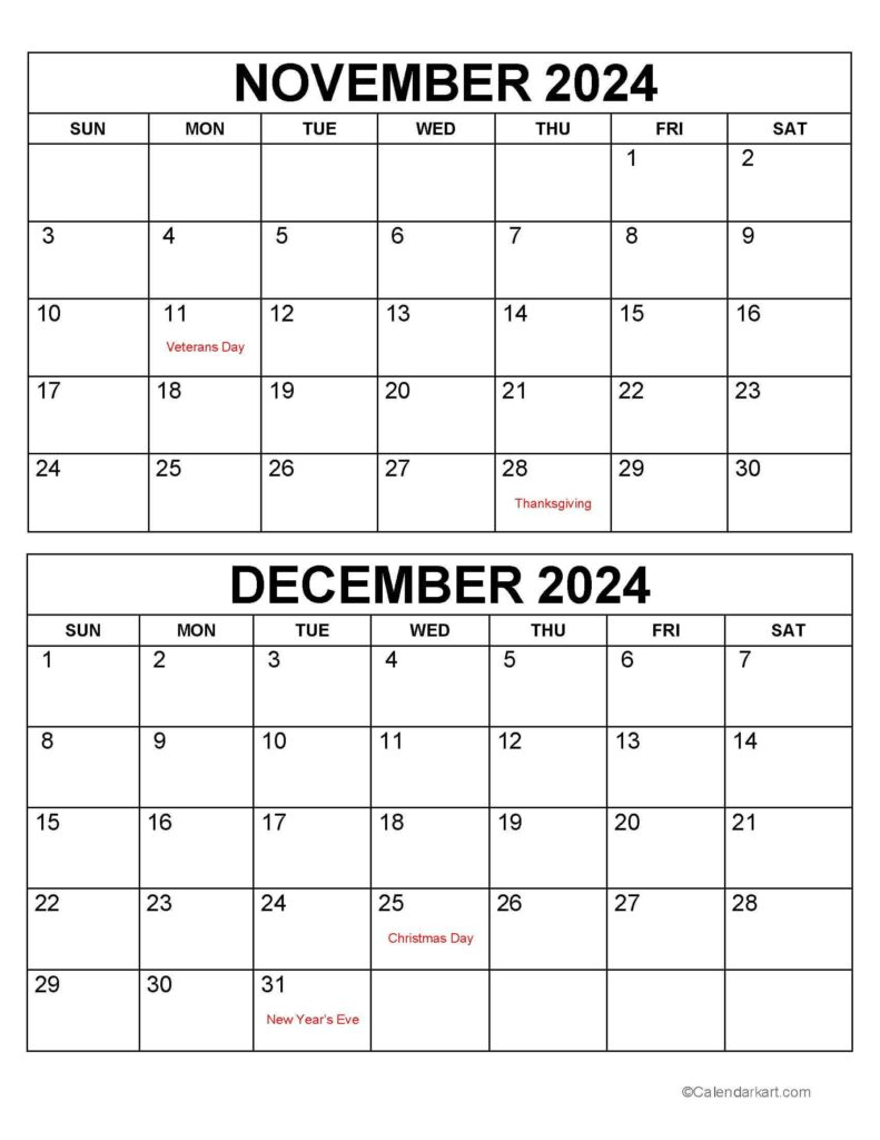 November December 2024 Calendar Printable 2025 Calendar Printable