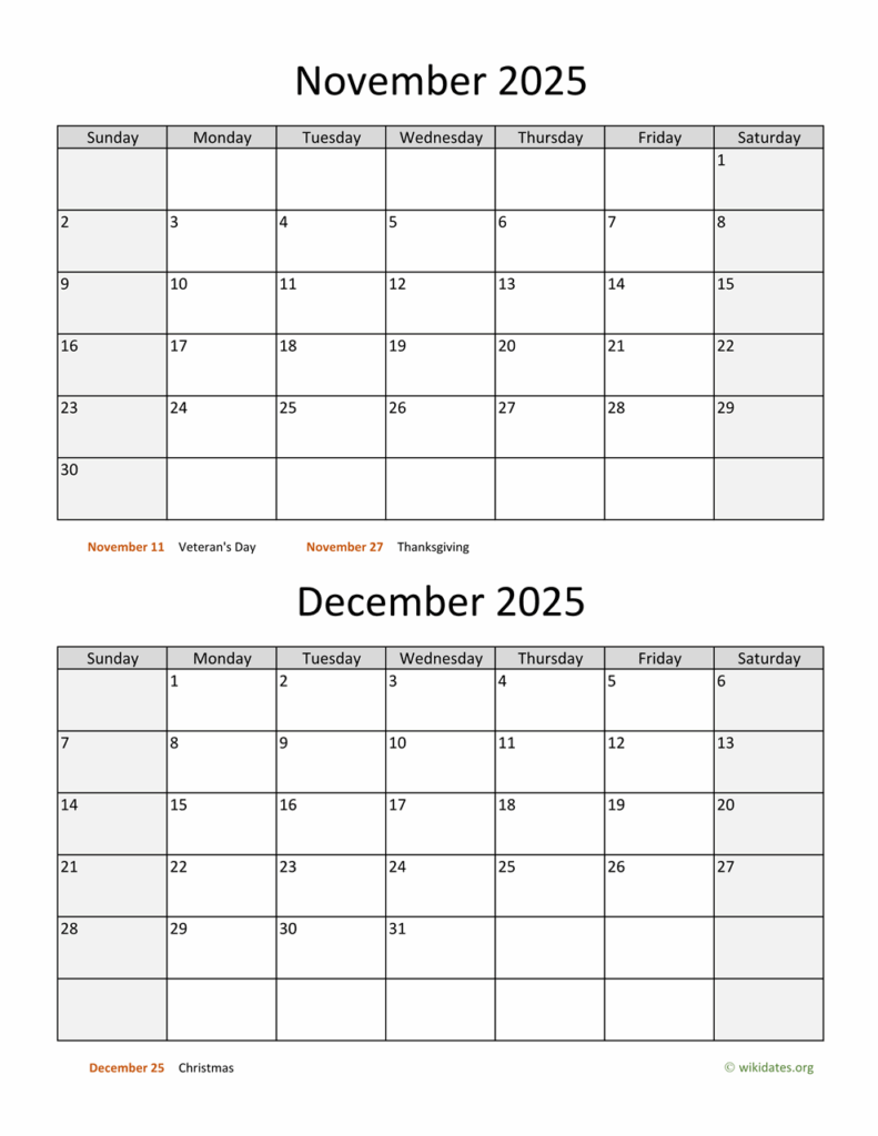 November December 2025 Printable Calendar Monday Start Ezra Rivera