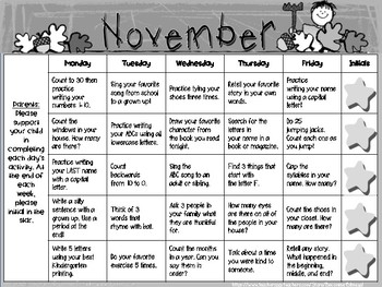 November Kindergarten Homework Calendar Common Core Aligned TpT